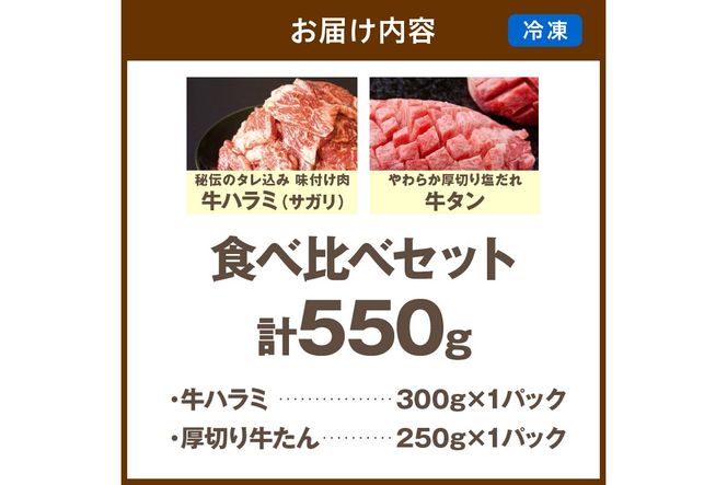 【訳あり】牛ハラミ（サガリ） 秘伝のタレ込み 味付け肉＆やわらか厚切り 塩だれ牛タン 食べ比べセット 計550g（2026年1月上旬～発送）　YK00474
