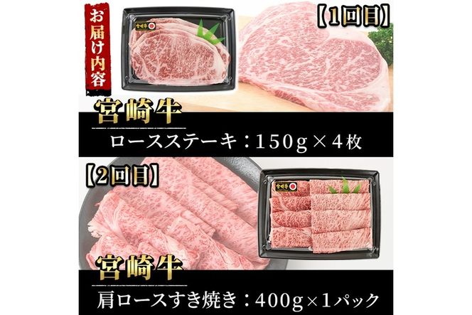 【定期便・6回連続】宮崎牛定期便(ロースステーキ、肩ロースすき焼き、肩焼肉、モモバラすき焼き)A4 A5 牛肉 精肉 お肉 しゃぶしゃぶ スライス カタ 黒毛和牛 ブランド和牛 BBQ お取り寄せ 国産 冷凍【P-26】【南日本フレッシュフード株式会社(日本ハムマーケティング株式会社)】