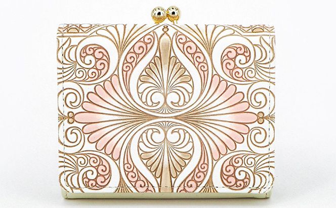 【文庫屋大関】三つ折りミニ財布　ロカイユ（ベビーピンク）【皮革工芸品】 ファッション 小物 民芸品 お札 カード 小銭 手のひらサイズ コンパクト 大人かわいい 牛革 手作り 国産 