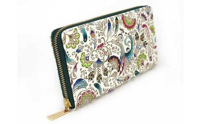 【文庫屋大関】 大容量　ぐるっとファスナーの長財布　孔雀【皮革工芸品】 ファッション小物 民芸品 