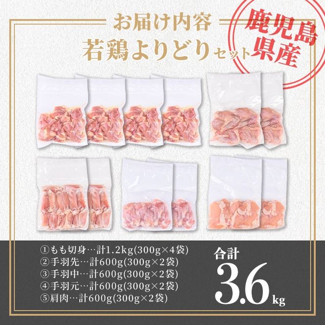 isa723 鹿児島県産 若鶏よりどりセット (合計3.6kg) 鹿児島県産 小分け 真空パック 鶏肉 鳥肉 もも肉 手羽先 手羽元 肩肉 セット 詰め合わせ 冷凍 【TRINITY】