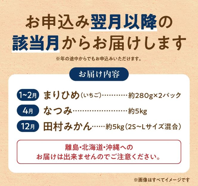 G60-T76_【定期便 全3回】紀州和歌山産旬のフルーツ定期便（田村みかん、いちご、なつみ）
