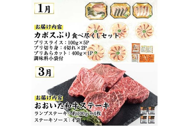 ＜先行予約受付中！2026年1月中旬より配送開始予定＞＜定期便・全4回＞味力全開！佐伯の彩り 春夏秋冬 定期便(該当月にお届け) 期間限定 鰤 ブリ ステーキ モモ とらふぐ 刺身 ふぐ 鍋 セット【BR115】【佐伯市ふるさと納税事業者協議会】