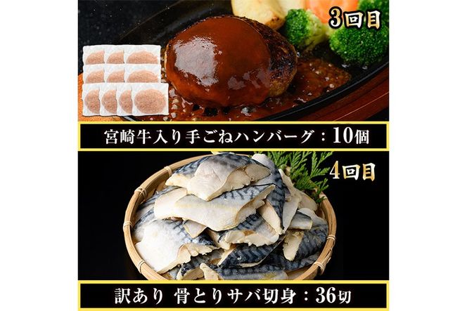 ＜定期便・全6回(連続)＞さかなのまち 門川 こだわり 定期便 (特大 あじ 開き・味付け すりみ 2種・宮崎牛 入り ハンバーグ・骨取り 肉厚 サバ切身・中国産 うなぎ 蒲焼・訳あり からすみ)アジ さば おかず 惣菜 骨とり 宮崎県 門川町【AW-65】【丸正水産】