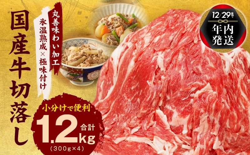 mrz0006y [TVで紹介されました!]国産牛 切り落とし 1.2kg 小分け 300g×4P[年内発送 国産 牛肉 氷温熟成×極味付け 訳あり サイズ不揃い カレー 牛丼 野菜炒め 肉じゃが 家計応援]