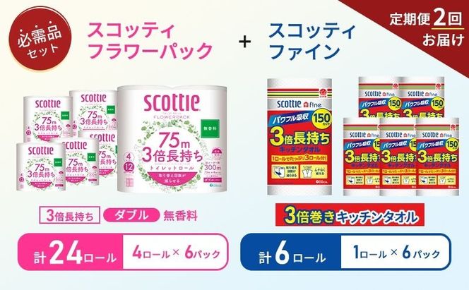 【 6ヶ月ごと計 2回お届け 】キッチンペーパー 6パック入 スコッティ ファイン 1ロール 3倍 150カット トイレットペーパー ダブル 4ロール × 6パック フラワーパック