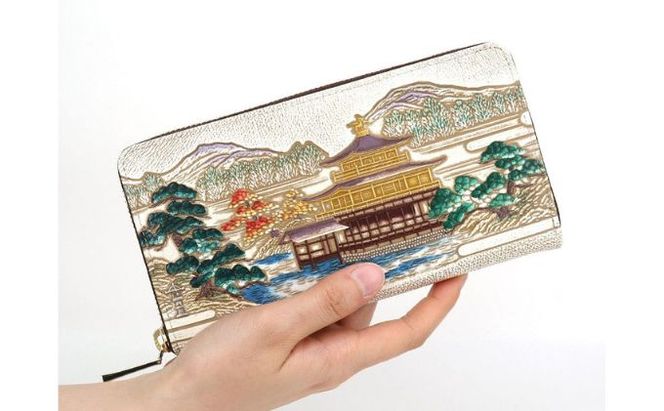 【文庫屋大関】大容量　ぐるっとファスナーの長財布　浮世絵　金閣寺【皮革工芸品】 ファッション 小物 仕切り カードポケット ロングポケット 