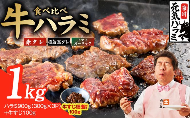 010B1968 【3種食べ比べ】牛ハラミ 総量 1kg（ハラミ 300g×3P+牛すじ 100g）【牛肉 はらみ 小分け 焼肉 お弁当 BBQ 訳あり ワケアリ わけあり サイズ不揃い 規格外 TVで話題】