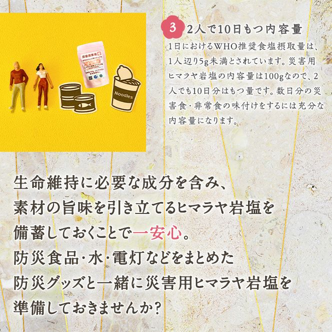 災害用 食塩 ピンク岩塩(小粒×5袋・100g/袋)  ヒマラヤ岩塩 ピンク岩塩 岩塩 塩 食塩 調味料 ミネラル 熱中症対策 災害用 防災グッズ 災害対策 備蓄 【梅研本舗ジャパン】akn047-09