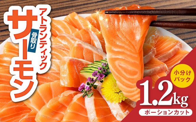 G3561-1 【スピード発送】アトランティックサーモン 1.2kg【小分け ポーション 柵切り 刺身 魚介 海鮮 さーもん 生食 訳あり サイズ不揃い】