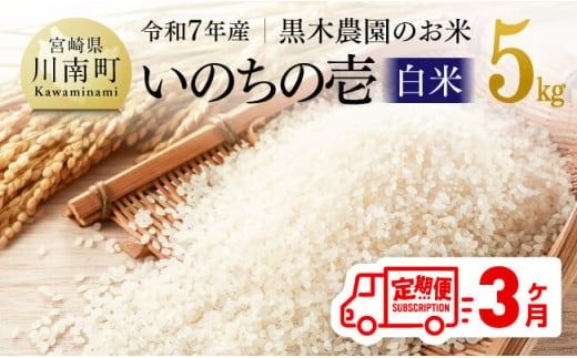 【3ヶ月定期便】【令和7年産】黒木農園のお米「いのちの壱(白米)」5kg 【 米 お米 白米 国産 宮崎県産 いのちのいち おにぎり 】 [D03227t3]