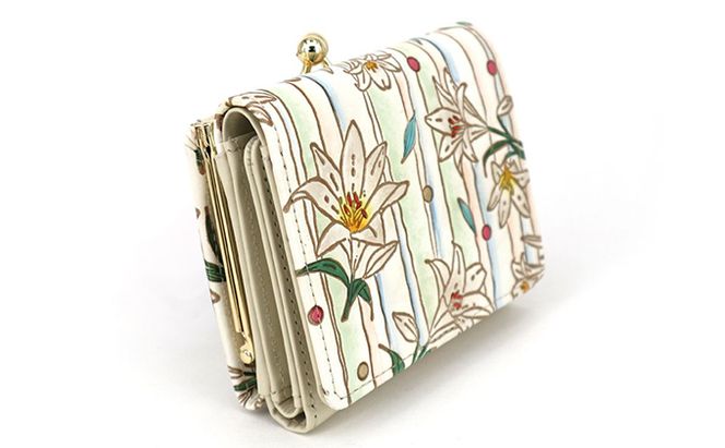 【文庫屋大関】三つ折りミニ財布　ホワイトリリー【皮革工芸品】 ファッション 小物 民芸品 お札 カード 小銭 手のひらサイズ コンパクト 大人かわいい 牛革 手作り 国産 