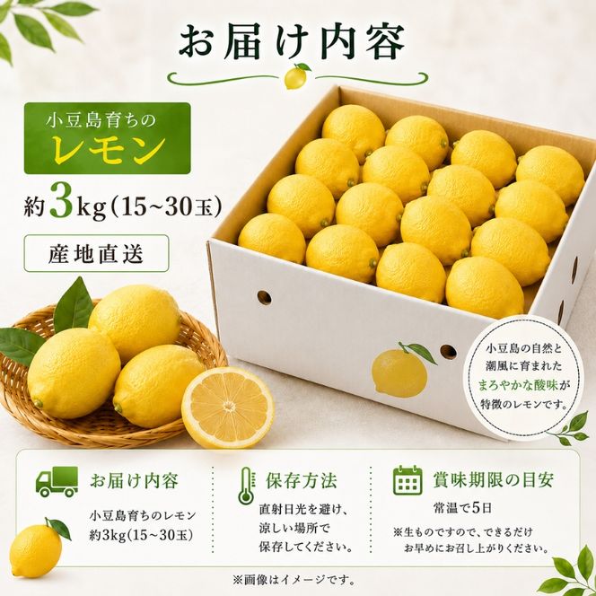 レモン 小豆島 瀬戸内 約3kg 15～30玉 小豆島育ち 島育ち まろやか 酸味 潮風 ミネラル 国産レモン 檸檬 柑橘 柑橘類 果物 フルーツ くだもの 果物類 果実 生鮮 レモネード レモンティー はちみつレモン ギフト 贈答用 五色青果 香川 土庄 香川県 土庄町
