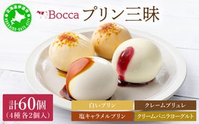 北海道 牧家 Bocca プリン 三昧 4種 各2個入 計60個｜食べ比べ 白いプリン クレームブリュレ 塩キャラメル クリームバニラヨーグルト プリン スイーツ なめらか ミルク【55250937】