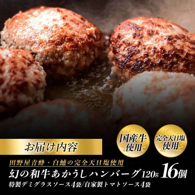 幻のあかうし和牛ハンバーグ 16個入り 1個120g 特製デミソース トマトソース付き 田野屋青蜂 白鯆 完全天日塩練り込み 肉 お肉 国産牛 おかず おいしい お取り寄せ 冷凍 配送 高知県 田野町
