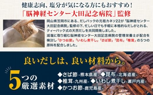 大田記念病院が考えた だしパック 10包×5袋入 計50包入 株式会社カネソ22 国産厳選素材使用 簡単 だし 本格だし 国産素材 減塩 お手軽 ふりかけ パックタイプ ジッパー付き さば節 昆布 椎茸 いわし煮干し かつお節 送料無料 岡山県 笠岡市《45日以内に出荷予定(土日祝除く)》---K-35---