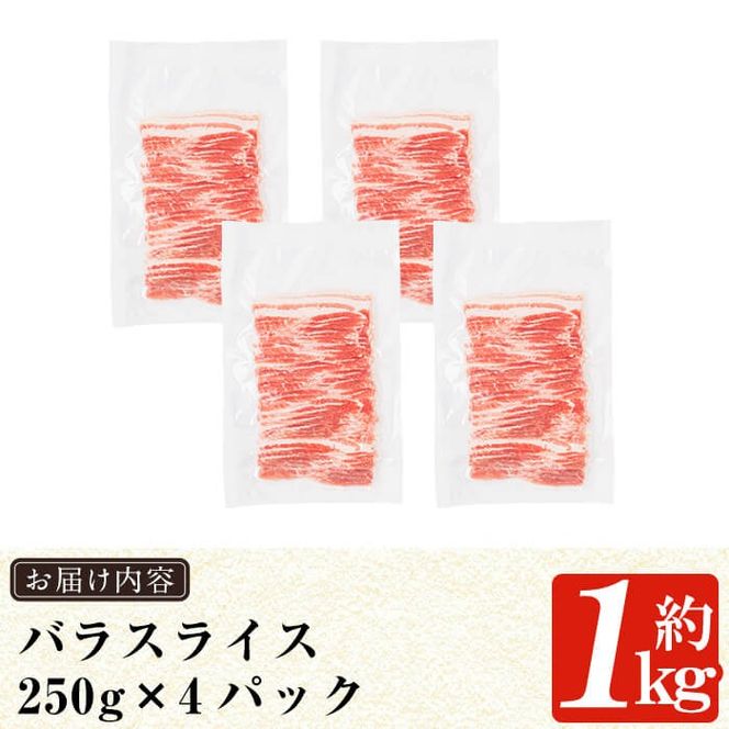 a688 《訳あり》鹿児島黒豚「短鼻豚」バラスライス小分けセット1kg(250g×4パック)【鹿児島ますや】姶良市 国産 豚肉 バラ肉 スライス 冷凍 小分け 小分けパック 1キロ