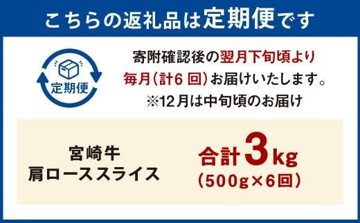 【6ヶ月定期便】＜宮崎牛肩ローススライス 500g（1パック：500g×6回）＞ お申込みの翌月下旬頃に第一回目発送（12月は中旬頃） 牛肉 お肉 肉 和牛 新生活応援 卒業祝い 就職祝い 入学 卒業 お花見 引越し【c1371_mc_x3】