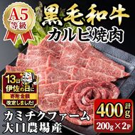 isa690 【伊佐の日・寄附額改定】鹿児島県(カミチクファーム 大口農場)産 黒毛和牛カルビ焼肉(計400g・200g×2パック) 黒毛和牛 カルビ 焼肉 和牛 国産牛 高級肉 A5 ランク 雌牛 霜降り 旨味 口どけ 牛肉 焼肉用 BBQ バーベキュー アウトドア 冷凍 小分け 【お肉の直売所 伊佐店】