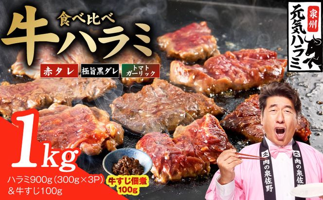 G4671 【3種食べ比べ】牛ハラミ 総量 1kg（ハラミ 300g×3P＆牛すじ 100g）【牛肉 はらみ 小分け 焼肉 お弁当 BBQ 訳あり ワケアリ わけあり サイズ不揃い 規格外 TVで話題】