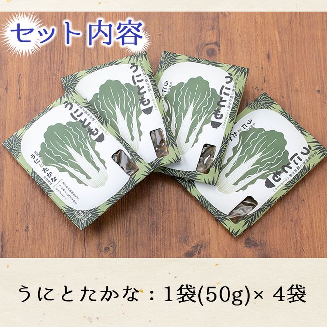 ＜鹿児島県産うに使用＞ご飯のお供「うにとも」うにとたかな(50g×4袋)国産 ウニ 雲丹 高菜 おかず 惣菜 常温【尾塚水産】akn004-07