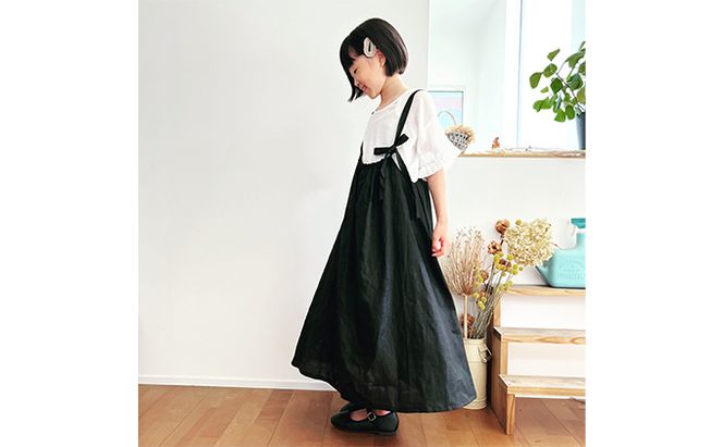 「リネン100％」サスペンダー付きギャザースカート 