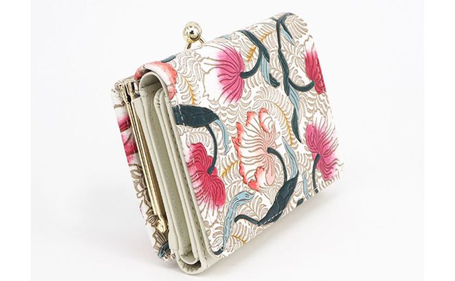 【文庫屋大関】三つ折りミニ財布　ノースガーデン（コーラル）【皮革工芸品】 ファッション 小物 民芸品 お札 カード 小銭 手のひらサイズ コンパクト 牛革 手作り 国産 