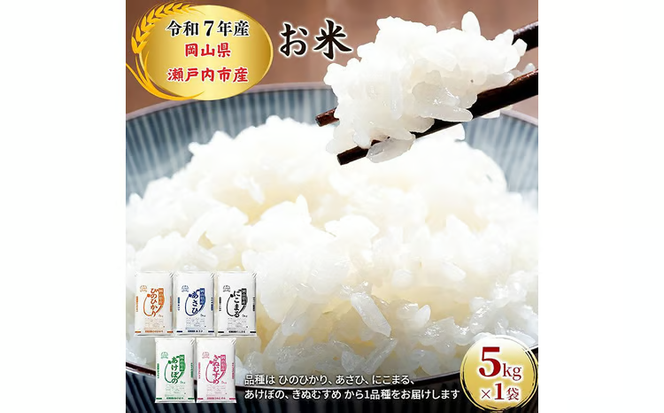 令和7年産 お米 5kg×1袋 ひのひかり あさひ にこまる あけぼの きぬむすめ 特A 精米 白米 ライス 単一原料米 検査米 岡山県 瀬戸内市産 ご飯 主食