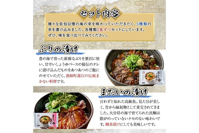 漬け丼 5種セット (計10食分・2食入×5種) りゅうきゅう あつめし 魚介 鰤 ブリ 真鯛 タイ シマアジ アジ ヒラメ 鮃 アオリイカ イカ 冷凍 海鮮 海の直売所 大分県 佐伯市【AS147】【海べ (株)】