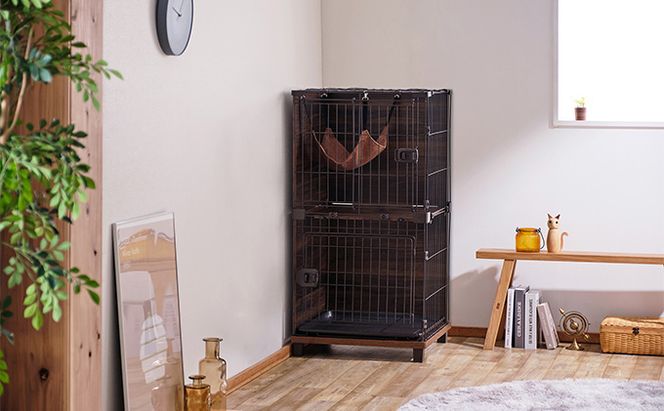 ファニチャースタイルケージ2段 PFSC-602 ウォールナット アイリスオーヤマ 猫用 ペット用品 家具調 キャットケージ 掃除 簡単 手軽 ハンモック付き ステップ付き ネコのおうち 室内飼い ペット 