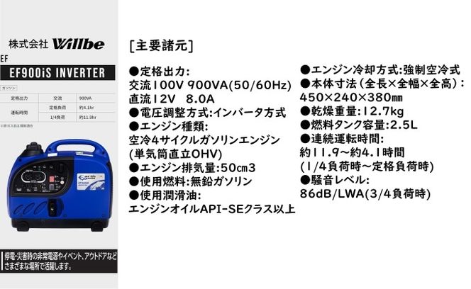 ガソリン発電機(インバータ)EF900iS