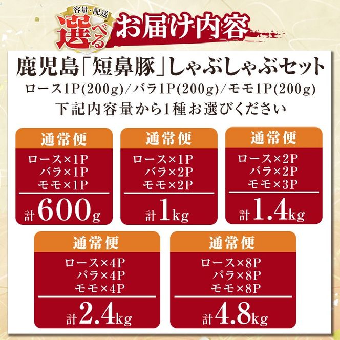 ＜容量・定期便が選べる＞鹿児島黒豚「短鼻豚」しゃぶしゃぶセット計600g～4.8kg(ロース肉・バラ肉・モモ肉) 【鹿児島ますや】姶良市 国産 鹿児島県 肉 豚 豚肉 黒豚 スライス しゃぶしゃぶ セット 小分け 食べ比べ a005 a039 a054 a065 a309