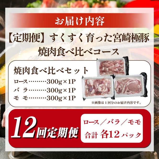 【定期便・産地直送・鮮度密封真空小分け】契約農場ですくすく育った宮崎極豚焼肉食べ比べコース 12回