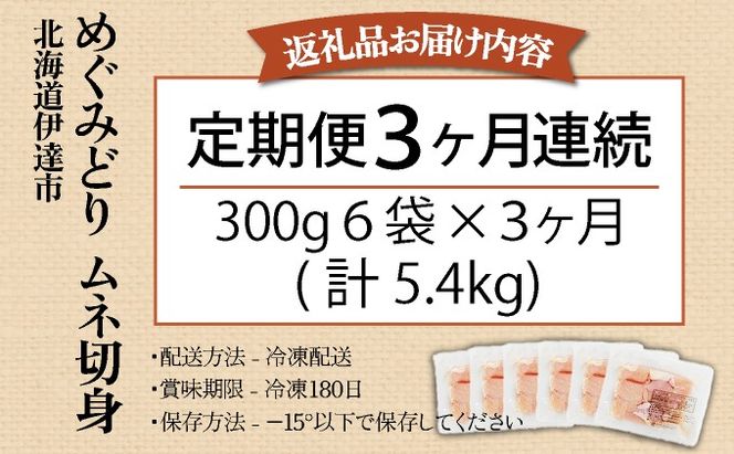 北海道産 定期便 3ヵ月 連続 3回 めぐみどり むね 切身 300g 6袋×3ヶ月 計5.4kg 鶏むね 鶏ムネ むね ムネ 鶏肉 チキン 銘柄鶏 肉 冷凍 小分け 便利 時短 唐揚 焼鳥 鍋 ソテー プライフーズ 送料無料 伊達