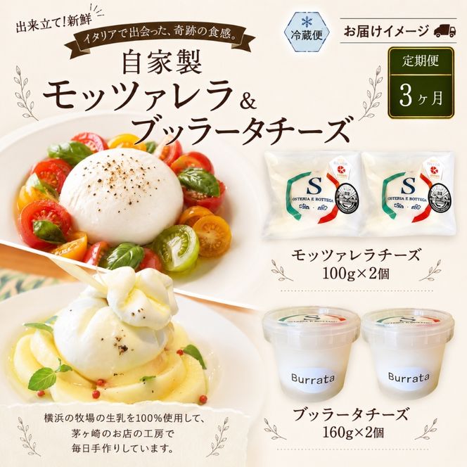  3ヶ月定期便 自家製 チーズ 詰め合わせ モッツァレラチーズ 100g  ブッラータチーズ160g 各2個 出来立て 神奈川県産 幻のチーズ  モッツァレラ ブッラータ 手作り Osteria e Bottega S 神奈川県 湘南 茅ケ崎 フレッシュチーズ  おつまみ ピザ