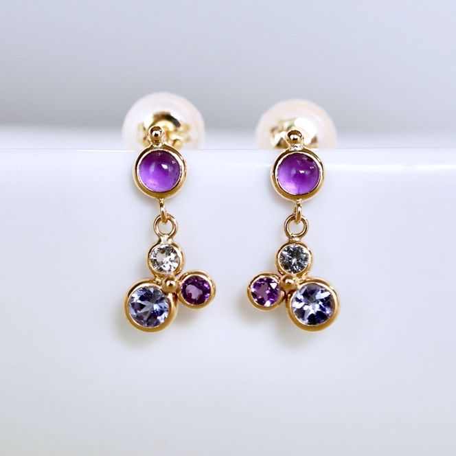 K10YG(10金) イエローゴールド パープル系天然石 マルチカラー ピアス 揺れる 保証書付 2125 242-052-c