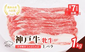 【最短7日以内発送】 神戸ビーフ 神戸牛 牝 上バラ 1000g 1kg 川岸畜産 すき焼き しゃぶしゃぶ  焼肉 大容量 冷凍 肉 牛肉 すぐ届く お肉 和牛 食材 グルメ ブランド牛 日本産 国産 夕飯 晩御飯 夜ごはん