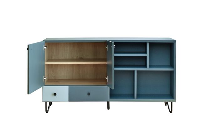 ヴェール 150 サイドボード【ブルー 完成品 モダン 大容量 収納 リビング おしゃれ アクセント家具】(H062324)