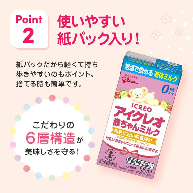 赤ちゃん ミルク アイクレオ 125ml×18本 紙パック 液体ミルク 乳児用 新生児 乳製品 グリコ （  ベビー 常温 母乳に近い栄養成分 母乳代用品 そのまま飲める 母乳 成長 発育 健康 防災 災害 プレゼント 人気 おすすめ ） 福岡県朝倉市 