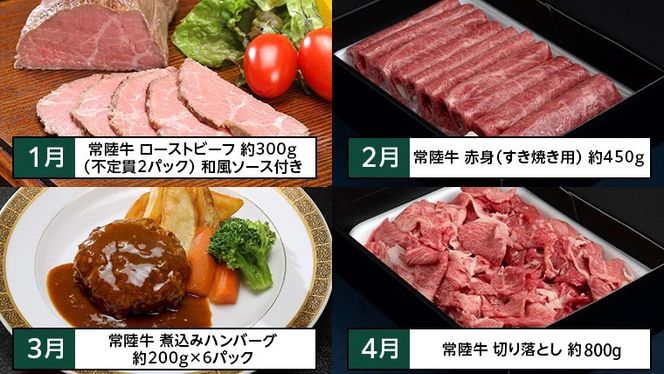 【茨城県共通返礼品】【定期便】 【12回コース】  常陸牛 贅沢 満喫 定期便（12ヶ月連続でお届け） 牛肉 黒毛和牛 国産 切り落とし すき焼き 焼肉 赤身 霜降り ステーキ ハンバーグ ローストビーフ [AU032ya]