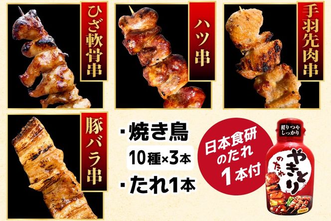 定期便 6回 焼き鳥 たれ付き 焼鳥10種 1回30本 合計180本 [山本食肉 山梨県 韮崎市 20745488] タレ たれ やきとり セット 焼き鳥セット 冷凍 便利 串 ねぎま もも 鳥皮 つくね ぼんじり 砂肝 軟骨 ハツ 手羽先 豚バラ