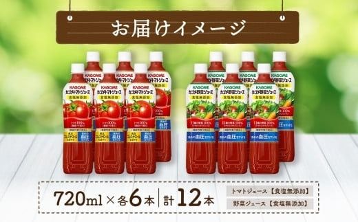 ns038-014　カゴメ トマトジュース ＆ 野菜ジュース 食塩無添加 スマートPET 720ml 2種 各6本 計12本 トマト 野菜 100％ ジュース 機能性表示食品 食塩不使用 飲料 ドリンク ペットボトル GABA 血圧 コレステロール お取り寄せ ギフト KAGOME 送料無料 那須塩原市