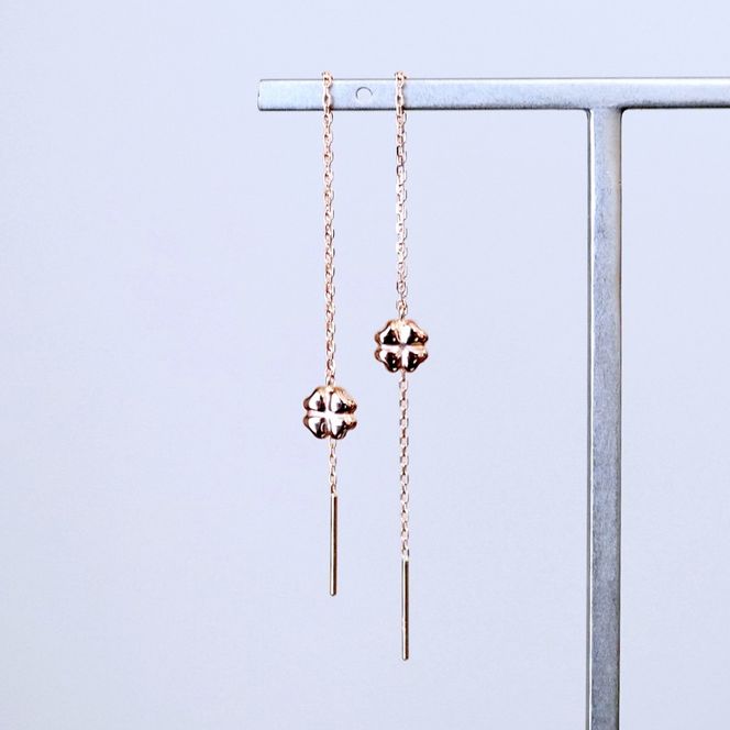 K18PG(18金) ローズゴールド 地金 クローバー チェーン ピアス シンプル 幸運 希望 幸福 愛情 健康 保証書付 KO-0072 242-036-c