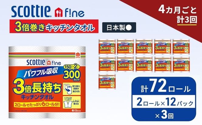 定期便 キッチンペーパー スコッティ 72ロール ファイン キッチンタオル 3倍巻き 150カット ペーパータオル 2ロール × 12パック《 4ヶ月ごと計3回 》