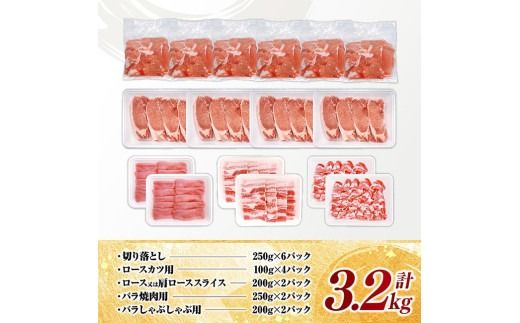 宮崎県産豚肉5種　3.2kg 【 豚肉 ぶた肉 肉 ロース バラ 切り落とし ミンチ 焼肉用 しゃぶしゃぶ 豚肉セット 】[C11628]