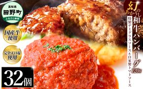 幻のあかうし和牛ハンバーグ 32個入り 1個120g 特製デミソース トマトソース付き 田野屋青蜂 白鯆 完全天日塩練り込み 肉 お肉 国産牛 おかず おいしい お取り寄せ 冷凍 配送 高知県 田野町