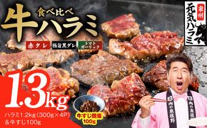 G4687 【3種食べ比べ】牛ハラミ 総量 1.3kg（ハラミ 300g×4P＆牛すじ 100g）【牛肉 はらみ 小分け 焼肉 お弁当 BBQ 訳あり ワケアリ わけあり サイズ不揃い 規格外 TVで話題】