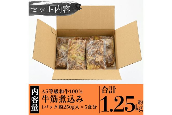 a822 《訳あり》国産A5等級和牛100％牛すじ煮込み(合計約1.25kg・約250g×5食分)【やまさき】牛筋 牛すじ 煮込み おかず 惣菜 おつまみ 時短調理 国産和牛 セット 冷凍