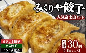 みくりや餃子 人気富士山セット 小（10個入り×3） | 食べ比べ 詰め合わせ バラエティー 冷凍 ギョウザ 惣菜 おかず お弁当 えびしそ餃子 にら餃子 ニンニク餃子
