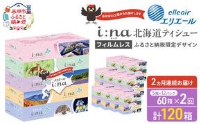 【2ヵ月連続お届け・計120箱】エリエール i:na (イーナ) 北海道 ティシュー 150組5箱 12パック フィルムレス ふるさと納税限定デザイン イーナ ボックスティシュー 箱ティッシュ ペーパー 備蓄品 花粉 赤平市
